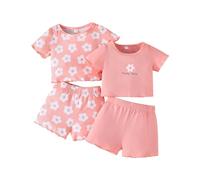 LUVCES Kleinkind Baby Mädchen kleidung Set Rüschen Gerippte Kurzarm/Langarm T-Shirt Tops + Shorts Hosen 4Pcs Sommer Herbst Süßes Outfits Set Kurzarm 4Pcs rosa 18-24 Monate
