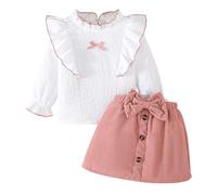 LUVCES Kleinkind Baby Mädchen Outfits Ruffle Rollkragen Langarm Shirt + Bowknot Mini Rock 2 Stück Herbst Winter Kleidung Sets Rosa+Weiß 12-18 Monate