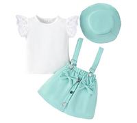 LUVCES Kleinkind Baby Mädchen Rüschen Hosenschlitz Kurzarm Geripptes Oberteil + Schleife Strapsrock Overall Kleid + Mütze Kleidungsset Outfits 3Pcs Grün 6-12 Monate