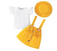 LUVCES Kleinkind Baby Mädchen Rüschen Hosenschlitz Kurzarm Geripptes Oberteil + Schleife Strapsrock Overall Kleid + Mütze Kleidungsset Outfits 3Pcs Gelb 18-24 Monate