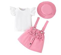 LUVCES Kleinkind Baby Mädchen Rüschen Hosenschlitz Kurzarm Geripptes Oberteil + Schleife Strapsrock Overall Kleid + Mütze Kleidungsset Outfits 3Pcs Rosa 6-12 Monate