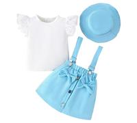 LUVCES Kleinkind Baby Mädchen Sommer 3-teiliges Outfit Set Rüschen Kurzarm Geripptes Oberteil + Overall Kleider Strapsrock + Mütze Kleidung Sets 3Pcs Blau 12-18 Monate