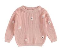 LUVCES Kleinkind Baby Mädchen Strickpullover Langarm Blumenstickerei Gestrickt Pullover Sweatshirt Warme Herbst Winter Stricken Outwear Rosa Blüten 2-3 Jahre