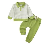 LUVCES Kleinkind BabyJungen Kleidung Langarm Gestreiftes Sweatshirt mit Kragen und Hose Set für Frühling Herbst und Winter Trainingsanzug Set Grüne Streifen 3-6 Monate