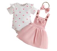 LUVCES Neugeborene Baby Mädchen Outfit Cord-Hosenträgerrock + Gerippte Langarm/Kurzarm Top mit Herz+ Stirnband 3-teiliges Herbst Winter Kleidungsset