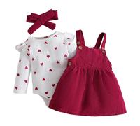 LUVCES Neugeborene Baby Mädchen Outfit Cord-Hosenträgerrock + Gerippte Langarm/Kurzarm Top mit Herz+ Stirnband 3-teiliges Herbst Winter Kleidungsset