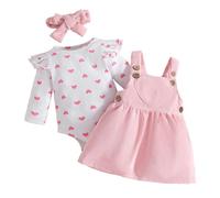 LUVCES Neugeborene Baby Mädchen Outfit Cord-Hosenträgerrock + Gerippte Langarm/Kurzarm Top mit Herz+ Stirnband 3-teiliges Herbst Winter Kleidungsset