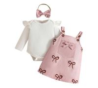 LUVCES Neugeborene Baby Mädchen Outfit Cord-Hosenträgerrock + Gerippte Langarm/Kurzarm Top mit Herz+ Stirnband 3-teiliges Herbst Winter Kleidungsset