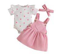 LUVCES Neugeborene Baby Mädchen Outfit Cord-Hosenträgerrock + Gerippte Langarm/Kurzarm Top mit Herz+ Stirnband 3-teiliges Herbst Winter Kleidungsset