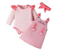 LUVCES Neugeborene Baby Mädchen Outfit Cord-Hosenträgerrock + Gerippte Langarm Strampler mit Herz+ Stirnband 3-teiliges Herbst Winter Kleidungsset 3Pcs Rosa gestreiftes Kätzchen 12-18 Monate