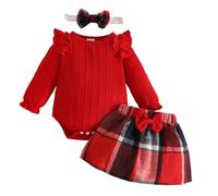LUVCES Neugeborenes Baby Mädchen Herbst Winter Outfits Langarm Top mit Kariertem Rock 3-teiliges Weihnachtsoutfit Set 3Pcs Rot 9-12 Monate
