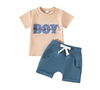 LUVCES Sommerkleidung für Kleinkinder Baby Lustige Buchstaben Stickerei T-Shirt+Elastische Taille Taschen Shorts Set 2-teiliges Frühlings Sommer-Outfit Blau Mama's Boy 18-24 Monate