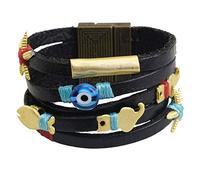 Luvi Damen Lederarmband Catsy I Schmuck Armband aus Leder mit Katze und Fisch Metall Applikationen - Charm Wickelarmband - handgemacht, Schwarz, M - 18cm