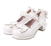 LUXMAX Damen Kawaii Mid Block Heel Mary Jane Rockabilly Pumps mit Schleife Plateau Chunky Heel Süße Süße Schuhe, Weiss/opulenter Garten, 36 EU