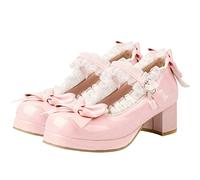 LUXMAX Damen Kawaii Mid Block Heel Mary Jane Rockabilly Pumps mit Schleife Plateau Chunky Heel Süße Süße Schuhe, Patent-Rosa, 41.5 EU