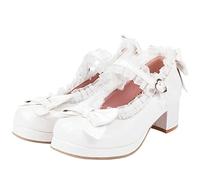 LUXMAX Damen Kawaii Mid Block Heel Mary Jane Rockabilly Pumps mit Schleife Plateau Chunky Heel Süße Süße Schuhe, Lackweiß, 37.5 EU