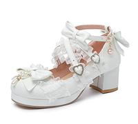 LUXMAX Damen Kawaii Mid Block Heel Mary Jane Rockabilly Pumps mit Schleife Plateau Chunky Heel Süße Süße Schuhe, Weiss/opulenter Garten, 43 EU