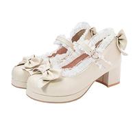 LUXMAX Damen Kawaii Mittlerer Blockabsatz Mary Jane Rockabilly Pumps mit Schleife Plateau Dicker Absatz Süße Schuhe, Beige, 37.5 EU