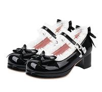 LUXMAX Damen Kawaii Mittlerer Blockabsatz Mary Jane Rockabilly Pumps mit Schleife Plateau Dicker Absatz Süße Schuhe, Patent-schwarz, 37 EU