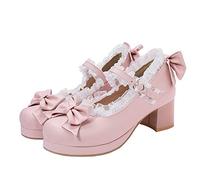 LUXMAX Damen Kawaii Schuhe Mid Block Heel Mary Jane Rockabilly Pumps mit Schleife, Pink, 38.5 EU