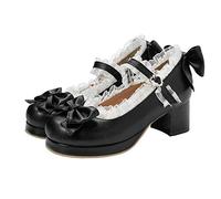 LUXMAX Damen Kawaii Schuhe Mid Blockabsatz Mary Jane Rockabilly Pumps mit Schleife, schwarz, 42 EU