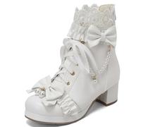 LUXMAX Niedliche Lolita-Stiefel für Damen, knöchelhoch, mittelhoher Absatz, Schnürstiefeletten mit Schleife, Weiss/opulenter Garten, 38 EU