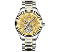Luxuriöse ausgehöhlte Tourbillon Herren-Automatik-mechanische Uhr mit goldenem Drachenmuster geschnitztem Zifferblatt, Diamant-Skala Skelett-Armbanduhr, Edelstahl wasserdichtes Armband, Silber, Gold