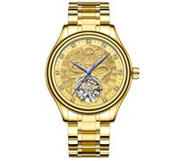 Luxuriöse ausgehöhlte Tourbillon Herren-Automatik-mechanische Uhr mit goldenem Drachenmuster geschnitztem Zifferblatt, Diamant-Skala Skelett-Armbanduhr, Edelstahl wasserdichtes Armband, Gold, Luxuriös