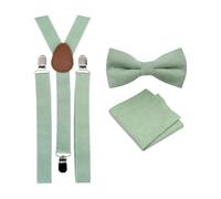 Luxuriöse Herren-Fliege aus Baumwollmischgewebe, Einstecktuch und Hosenträger-Set, Fliege und Einstecktuch & Eukalyptus Hosenträger Salbeigrün, Bow Tie: Length 11.5cm. Width: 7.5cm