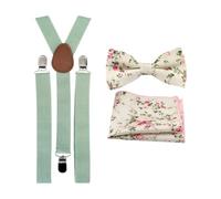 Luxuriöse Herren-Fliege, Einstecktuch und Hosenträger aus Baumwolle, Fliege und Einstecktuch mit Eukalyptus-Hosenträgern, cremefarben, Bow Tie: Length 11.5cm. Width: 7.5cm