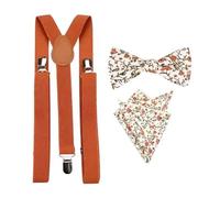 Luxuriöse Herren-Fliege, Einstecktuch und Hosenträger aus Baumwolle, Fliege und Einstecktuch mit gebrannten orangefarbenen Hosenträgern, Cremefarben und Grün mit floralem Muster, Bow Tie: Length