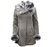 Damen-Mantel aus grauem Wildleder mit Kapuze aus Merino-Schaffell - Monrovia EU 38 / UK 10