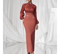 Luxuriöses Abendkleid, Stehkragen, Langarm, Strass verziert, elegantes Maxikleid, luxuriöse Abendkleider für Damen, elegantes Kleid, glamouröses Kleid