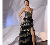 Luxuriöses, glitzerndes Pailletten-Applikations-Abschlussballkleid mit gestuftem Saum, großer Schleife und aufwendiger Tüll-Abendrobe mit hohem Schlit