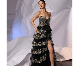 Luxuriöses, glitzerndes Pailletten-Applikations-Abschlussballkleid mit gestuftem Saum, großer Schleife und aufwendiger Tüll-Abendrobe mit hohem Schlit