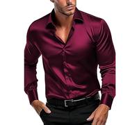 Luxuriöses Herrenhemd, Langarm-Hemd wie Seide, bügelfrei, lässig, Business-Shirt, formelles Hemd mit Knopfleiste, Arbeitshemd für Party, Disco, Abschlussball, rot, XL
