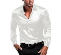 Luxuriöses Herrenhemd, Langarm-Hemd wie Seide, bügelfrei, lässig, Business-Shirt, formelles Hemd mit Knopfleiste, Arbeitshemd für Party, Disco, Abschlussball, weiß, L