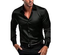 Luxuriöses Herrenhemd, Langarm-Hemd wie Seide, bügelfrei, lässig, Business-Shirt, formelles Hemd mit Knopfleiste, Arbeitshemd für Party, Disco, Abschlussball, Schwarz , 3XL