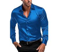 Luxuriöses Herrenhemd, Langarm-Hemd wie Seide, bügelfrei, lässig, Business-Shirt, formelles Hemd mit Knopfleiste, Arbeitshemd für Party, Disco, Abschlussball, blau, XL