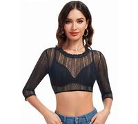 LUYANA Damen Spitze Dirndl Bluse für Bayrische Oktoberfest XS-3XL | Dirndl-Spitzenbluse, Rundhals, Crop Top, 3/4-Ärmel, Bierfest Dirndl Bluse, Deutsche Traditionelle Tracht, Weiß Schwarz