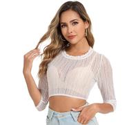 LUYANA Damen Spitze Dirndl Bluse für Bayrische Oktoberfest XS-3XL | Dirndl-Spitzenbluse, Rundhals, Crop Top, 3/4-Ärmel, Bierfest Dirndl Bluse, Deutsche Traditionelle Tracht, Weiß Schwarz