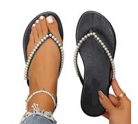 LUYSGBXR Zehentrenner Damen Perlen Flip-Flops for Frauen Clip Toe Flat Slides Sandalen Frau Bequeme rutschfeste Hausschuhe(Black,43)