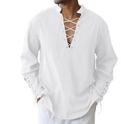 LVCBL Hemd Herren Langarm Leinenhemd Mittelalter Schnürhemd Renaissance Viktorian Hemd Weiß XL