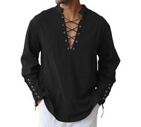 LVCBL Herren Mittelalter Hemd Viking Kostüm Schnürhemd Stehkragen Leinenhemd Schwarz 3XL