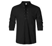 LVCBL Leinenhemd Herren Mittelalter Schnürung Klassisches Piraten Viking Shirts Schwarz XL