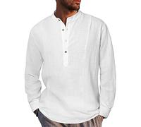 LVCBL Sommerhemd Herren Langarm Stehkragen Leinenhemden Freizeithemden für Herren Herrenhemden Weiß M