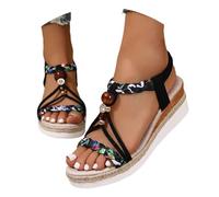 Lvnsdknerse Plateau Sandalen Damen Sommer Flache Sandalette Bohemia Sandals mit Strass Perlen Freizeit Strand Schuhe Orthopädische Sandalen Casual Ankle Elastic Flip Flops Geflochtene, 37-43 EU