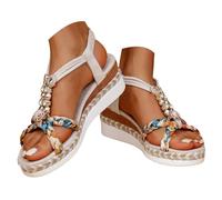 Lvnsdknerse Plateau Sandalen Damen Sommer Flache Sandalette Bohemia Sandals mit Strass Perlen Freizeit Strand Schuhe Orthopädische Sandalen Casual Ankle Elastic Flip Flops Geflochtene, 37-43 EU