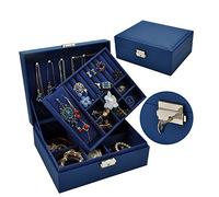 LVUNZJCA Schmuckschatulle Schmuck-Box Doppelspeicher Schmuck-Kasten Uhr Lagerung Massivholzpaste Gurtschloss Einfache Schmucksache-Anzeigen-Aufbewahrungsbehälter für Kommode, Schlafzimmer(Blau)