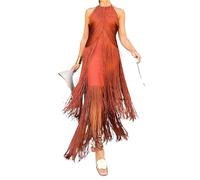 LXHZSY Fransenkleid Elegante Quaste Splicing Solide Kleider Kleid Frauen Mode Hight Wasit Ärmellose Lange Sexy Backless Schlank Abend(Red,L)